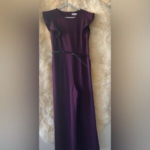 Calvin Klein Belted Ruffle-Sleeve Jumpsuit In Purple.